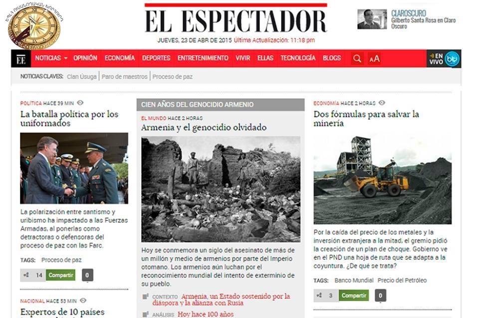 Կոլումբիայի EL ESPECTADOR պարբերականի առաջին էջում հոդված է հրատարակվել Հայոց ցեղասպանության մասին