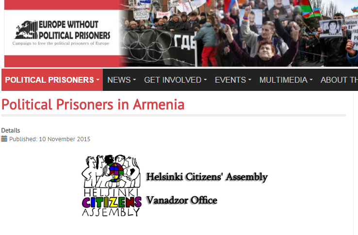 ՀՔԱ Վանաձորի գրասենյակի ներկայացրած «Քաղաքական բանտարկյալները՝ Հայաստանում» տեղեկանքը՝ «Եվրոպան՝ առանց քաղաքական բանտարկյալների» կայքէջում