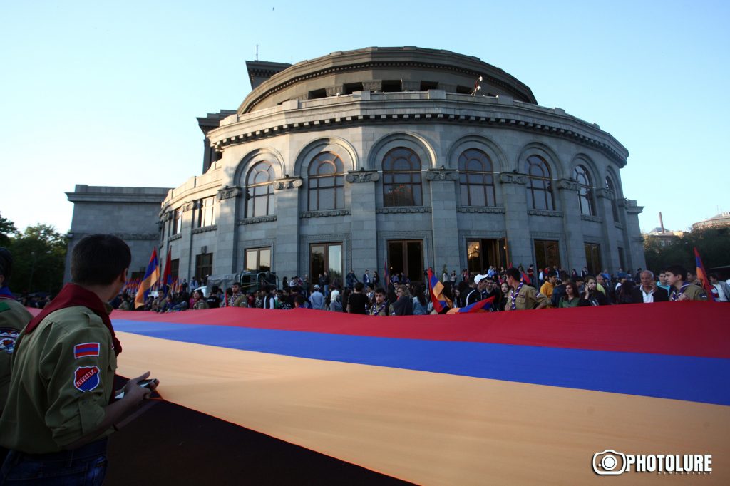 A march with torches to the memorial complex of Armenian Genocide started from Freedom Square in Yerevan, Armenia