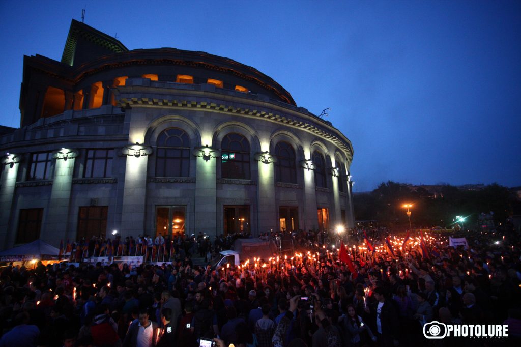 A march with torches to the memorial complex of Armenian Genocide started from Freedom Square in Yerevan, Armenia
