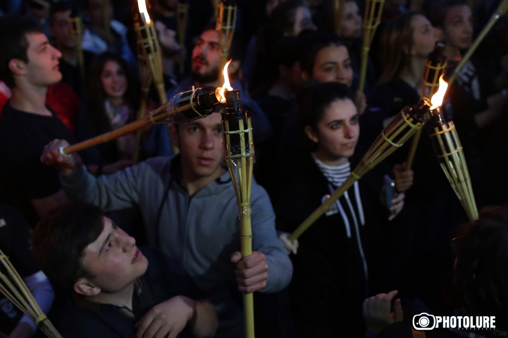 A march with torches to the memorial complex of Armenian Genocide started from Freedom Square in Yerevan, Armenia