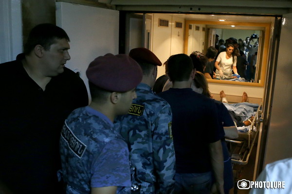 On the 13th day of the occupation of Patrol-Guard Service Regiment of Erebuni district by 'Sasna Tsrer' group, protesting people marched to Sari Tagh and clashed with the policemen. Injured were brought to the St. Grigor Illuminator Hospital in Yerevan, Armenia