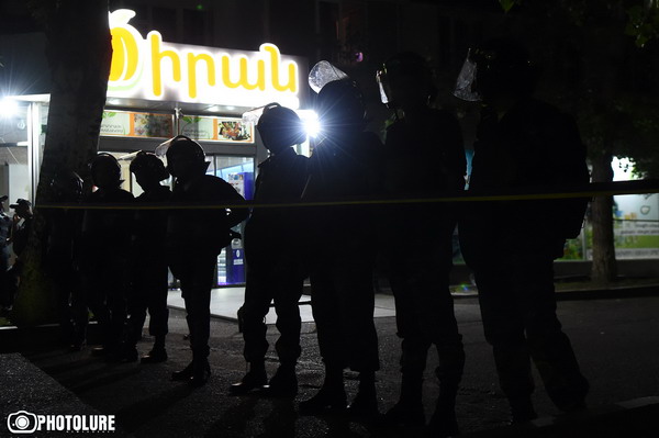 Policemen closed Khorenatsi-Christophor crossroad on the occasion of armed occupation of the police station in Erebuni district in Yerevan, Armenia