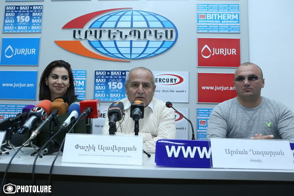 Weightlifting coach Pashik Alaverdyan, weightlifter Hripsime Khurshudyan and her personal trainer Arman Ghazaryan are guests in Armenpress press club