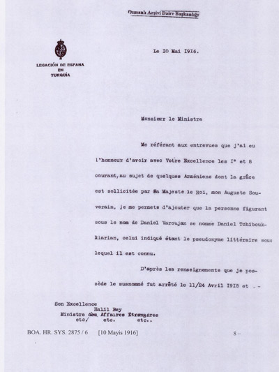 Նոր փաստաթուղթ. 1916 թ. Իսպանիայի թագավորը շարունակում է ջանքեր գործադրել Դանիել Վարուժանին փրկելու ուղղությամբ
