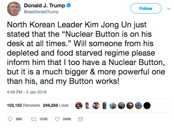 ԱՄՆ նախագահը՝ Հյուսիսային Կորեայի առաջնորդին. Իմ միջուկային կոճակն ավելի մեծ է ու հզոր, քան քոնը