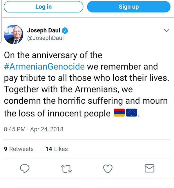 Ժոզեֆ Դոլը իր համերաշխությունն է հայտնել հայ ժողովրդին
