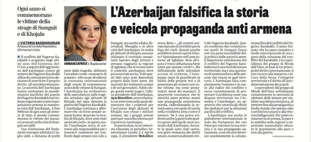 Սումգայիթյան ոգով ոճրագործությունները Ադրբեջանի իշխանությունների քաղաքականության անբաժան մասն են. դեսպան Վիկտորյա Բաղդասարյանի հոդվածը La Verita օրաթերթում