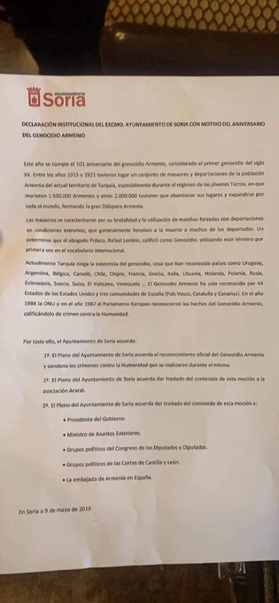 Իսպանիայի Սորիա քաղաքը ճանաչել է Հայոց ցեղասպանությունը