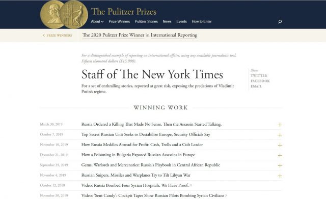 New York Times թերթը Պուլիտցերյան մրցանակ է ստացել՝ Պուտինի վարչակարգի անօրինական գործողությունները բացահայտելու համար