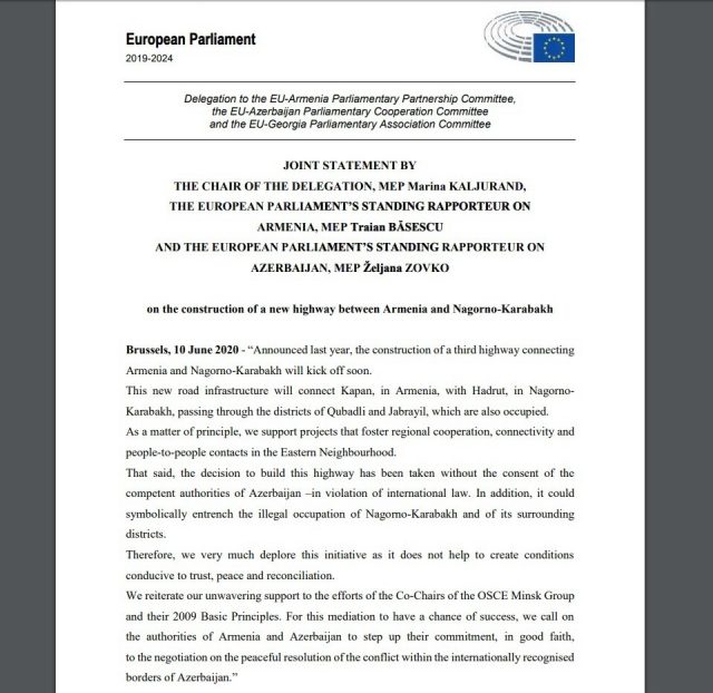 Շատ ենք ափսոսում. Եվրախորհրդարանի հայտարարությունը՝ Հայաստանի և ԼՂ-ի միջև նոր մայրուղու կառուցման մասին