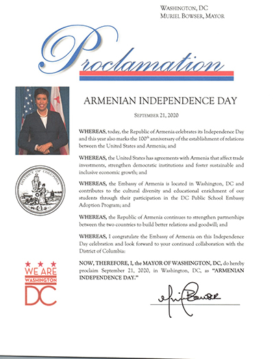 Վաշինգտոնի քաղաքապետը սեպտեմբերի 21-ը Վաշինգտոնում հռչակել է որպես «Հայաստանի Անկախության օր»