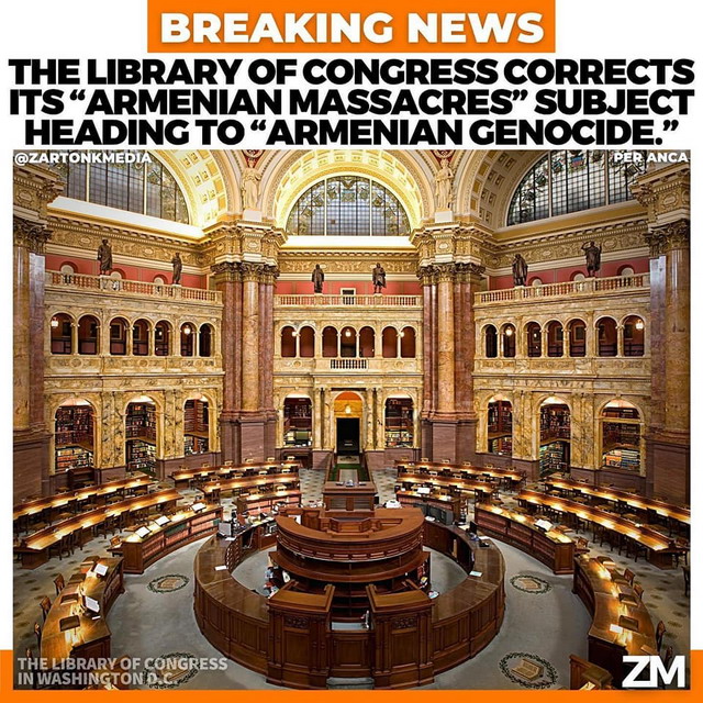 ԱՄՆ Կոնգրեսի գրադարանը «Հայկական ջարդեր» բաժինը վերանվանել է «Հայոց ցեղասպանություն»