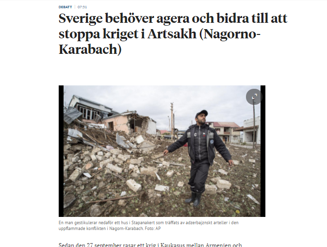 Շվեդիան պետք է քայլեր ձեռնարկի և նպաստի Արցախում (Լեռնային Ղարաբաղում) պատերազմի դադարեցմանը. na.se