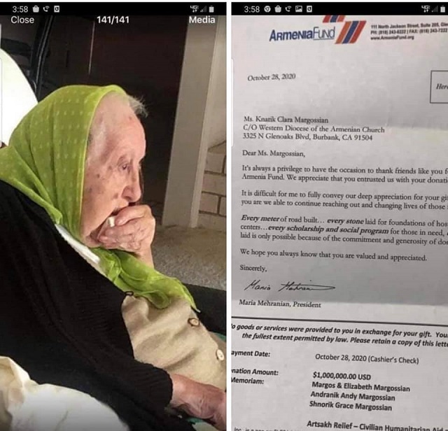 103-ամյա Քնարիկ Մարկոսյանը 1 միլիոն դոլար է նվիրաբերել համահայկական հիմնադրամին