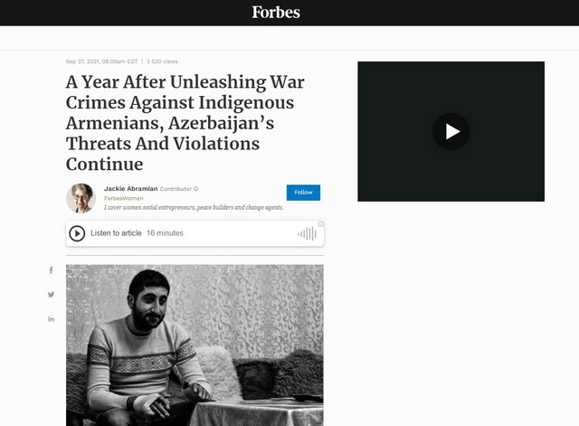 Էթնիկ հայերի դեմ պատերազմական հանցագործությունների սանձազերծումից մեկ տարի անց Ադրբեջանի կողմից սպառնալիքները և խախտումները շարունակվում են. Forbes