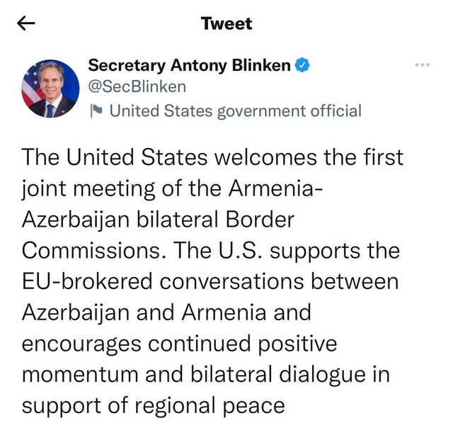 Բլինքենը ողջունել է հայ-ադրբեջանական հանձնաժողովի առաջին հանդիպումը