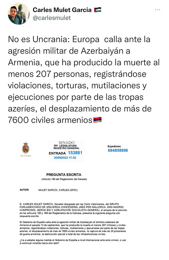 Իսպանացի սենատորը հարցում է ուղարկել Իսպանիայի կառավարությանը՝ ՀՀ տարածքային ամբողջականության դեմ Ադրբեջանի սանձազերծած ռազմական ագրեսիայի առնչությամբ
