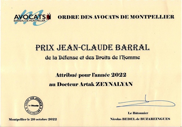 «Հայաստանից շուրջ 4000 կմ հեռավորության վրա նկատվել և գնահատվել է գործունեությունս». Մոնպելիեի փաստաբանների պալատն Արտակ Զեյնալյանին շնորհել է Ժան-Կլոդ Բարրալի անվան մրցանակ