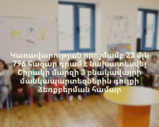 Կառավարության որոշմամբ 23 մլն 796 հազար դրամ է նախատեսվել Շիրակի մարզի 3 բնակավայրի մանկապարտեզներին՝ գույքի ձեռքբերման համար