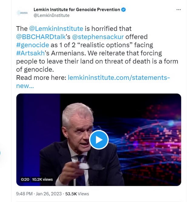 Ապշած ենք, որ BBC-ի հաղորդավարն Արցախի ժողովրդին առաջարկում է ցեղասպանություն՝ որպես «իրատեսական տարբերակ». Լեմկինի ինստիտուտ