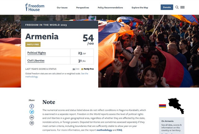 Հայաստանը «Ազատությունն աշխարհում» զեկույցում նահանջել է մեկ հորիզոնականով. Freedom House