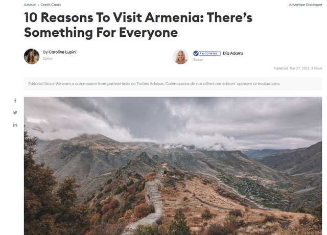 «Համեղ սնունդ, զարմանալի վայրեր». Forbes-ն անդրադարձել է Հայաստանին