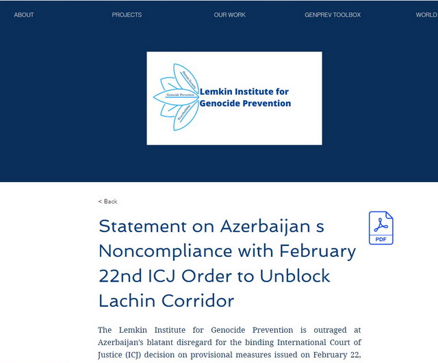 Լեմկինի ինստիտուտը կոչ է անում միջազգային հանրությանը ստիպել Ադրբեջանին բացել Լաչինի միջանցքը