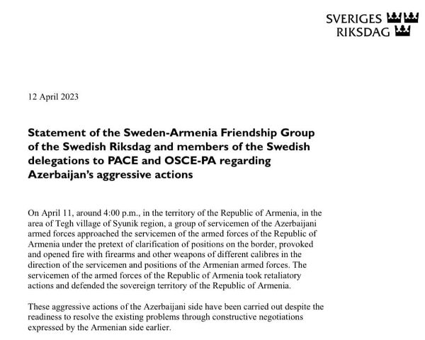 Շվեդիայի խորհրդարանի բարեկամական խմբի անդամները եւ ԵԽԽՎ ու ԵԱՀԿ ԽՎ անդամ Շվեդիայի պատգամավորները հանդես են եկել ադրբեջանական սադրանքը դատապարտող հայտարարությամբ