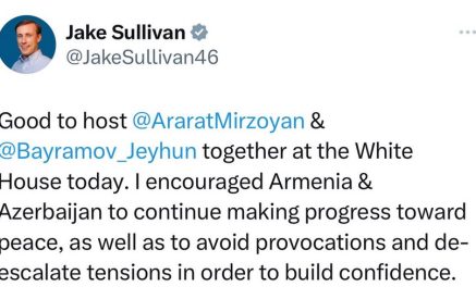 Ջեք Սալիվան․ «Ես հորդորեցի Հայաստանին և Ադրբեջանին շարունակել առաջընթաց գրանցել դեպի խաղաղություն»