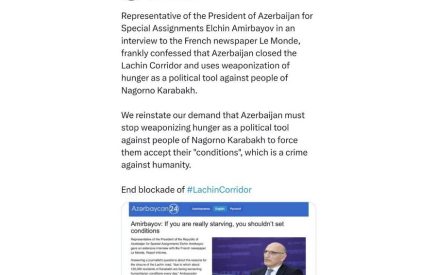 Ադրբեջանը խոստովանել է, որ օգտագործում է սովը որպես քաղաքական գործիք Լեռնային Ղարաբաղի ժողովրդի դեմ. Էդմոն Մարուքյան