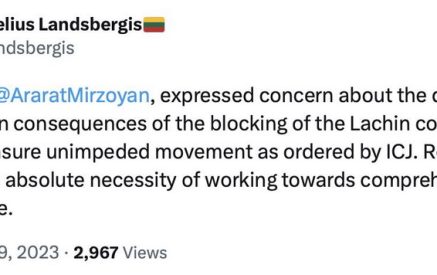 Լիտվայի արտաքին գործերի նախարարը մտահոգություն է հայտնել Լաչինի միջանցքի արգելափակման «սարսափելի մարդասիրական հետևանքների» վերաբերյալ