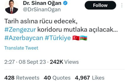 «Զանգեզուրի միջանցքն անպայման կբացվի». Սինան Օղան