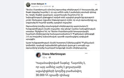 Արսեն Բաբայան. Դիանա Մարտիրոսյանի հայտնի գրառման առթիվ նախաձեռնվել է քրեական վարույթ