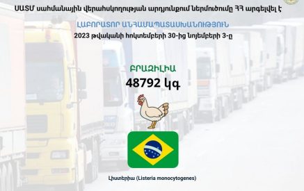 Արգելվել է Բրազիլիայից 48792 կգ թռչնամսի ներմուծումը ՀՀ՝ լաբորատոր անհամապատասխանության հիմքով
